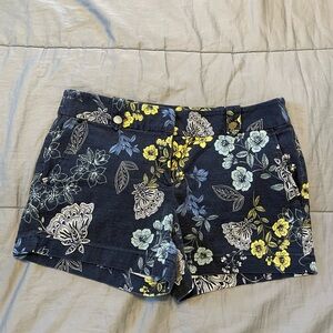 LOFT Navy Floral Print Jean Shorts with Yellow & Light Blue Accents